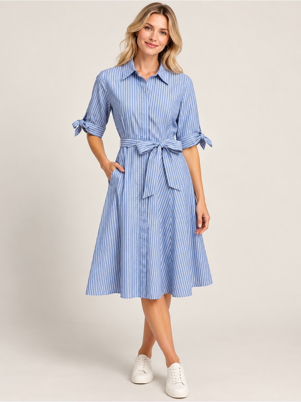 Calvin  Klein sz 14 blue and white stripe 100% cotton button down midi dress